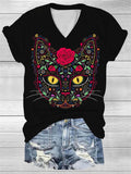 Day of the Dead Kitty Cat Sugar Skull Print T-Shirt