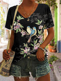 Floral Blue Bird V-Neck T-Shirt