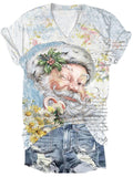 Vintage Christmas Print V-Neck T-Shirt