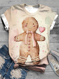 Chic Pink Gingerbread Man Print Crew Neck T-Shirt