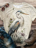 Wild Heron Bird Print Crew Neck T-Shirt