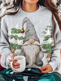 Winter Cute Gnome Print Round Neck Long Sleeve Top
