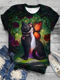 Forest Cat Butterfly Crew Neck T-Shirt